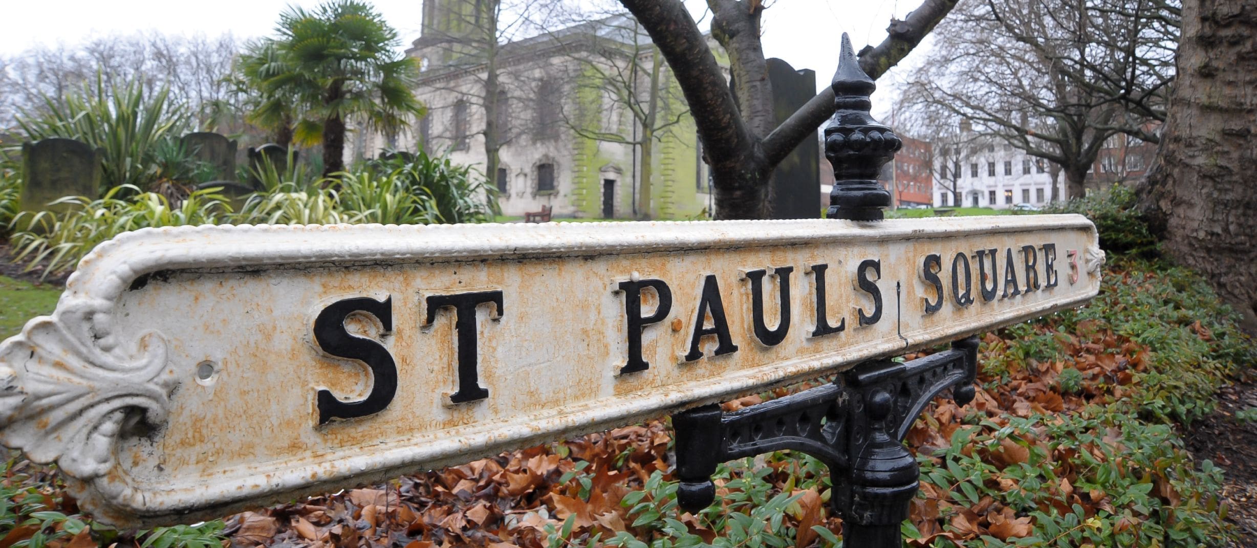 st pauls square sign with church in background