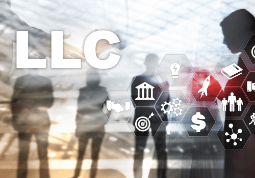 silhouettes of four people in the background, in the foreground are symbols of currency, targets, rockets, books, and hands shaking, with LLC in big bold white lettering to symbolise Can You Go From Sole Trader to Limited Company?